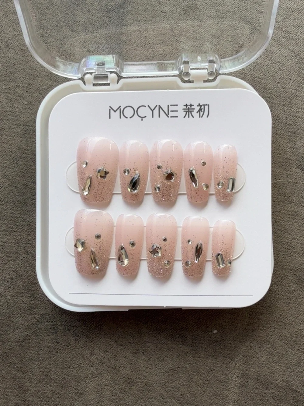 Press-On Nails with Pink Glitter and Rhinestones